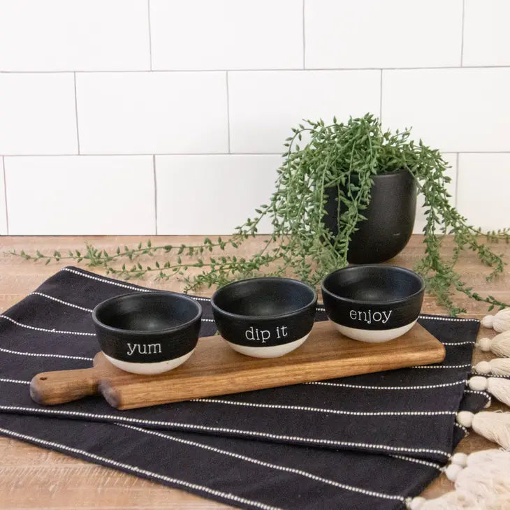 Wooden Serving Tray With Stoneware Dip Bowls