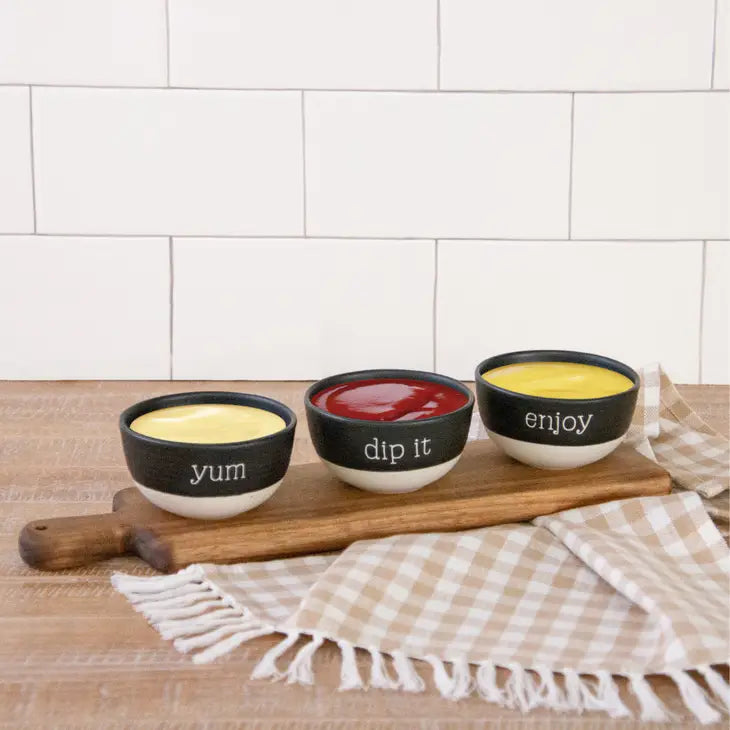 Wooden Serving Tray With Stoneware Dip Bowls